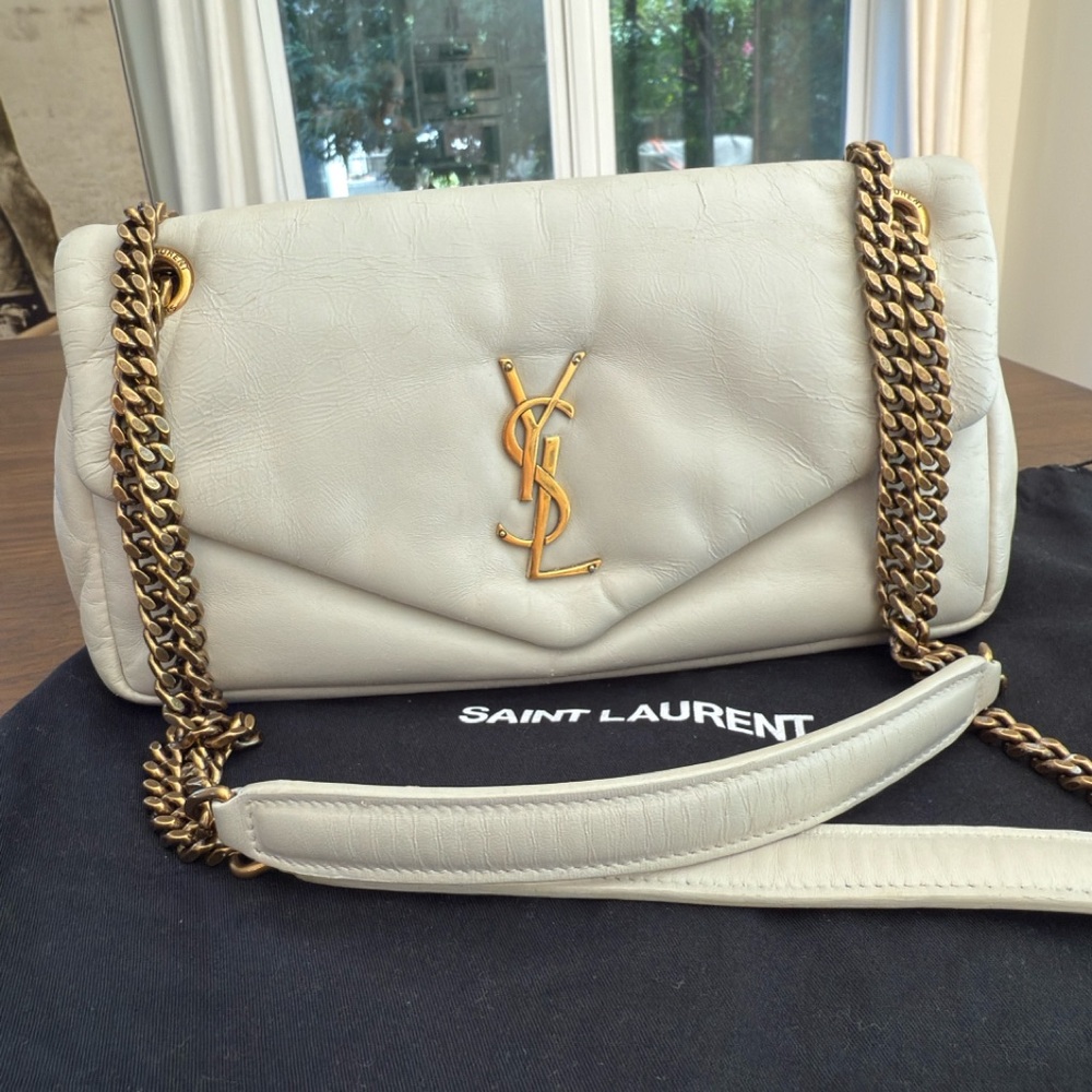 Saint Laurent Cream Leather Shoulder Bag with Gold Chain - Calypso